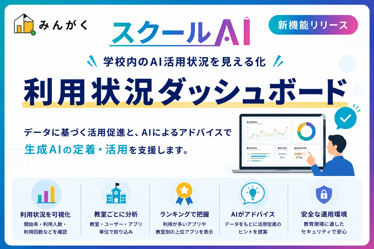 みんがく、「スクールAI」で学校内の生成AI活用を可視化する「利用状況ダッシュボード」リリース